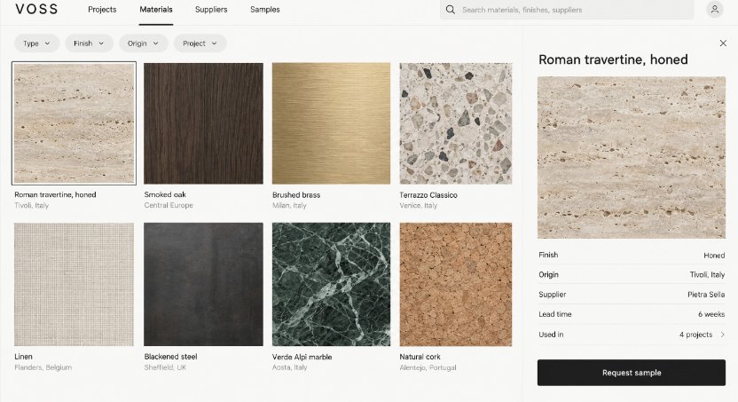 Voss Architecture & Interiors: the materials library, searched and filtered, with one travertine’s finish, origin, supplier and lead time open