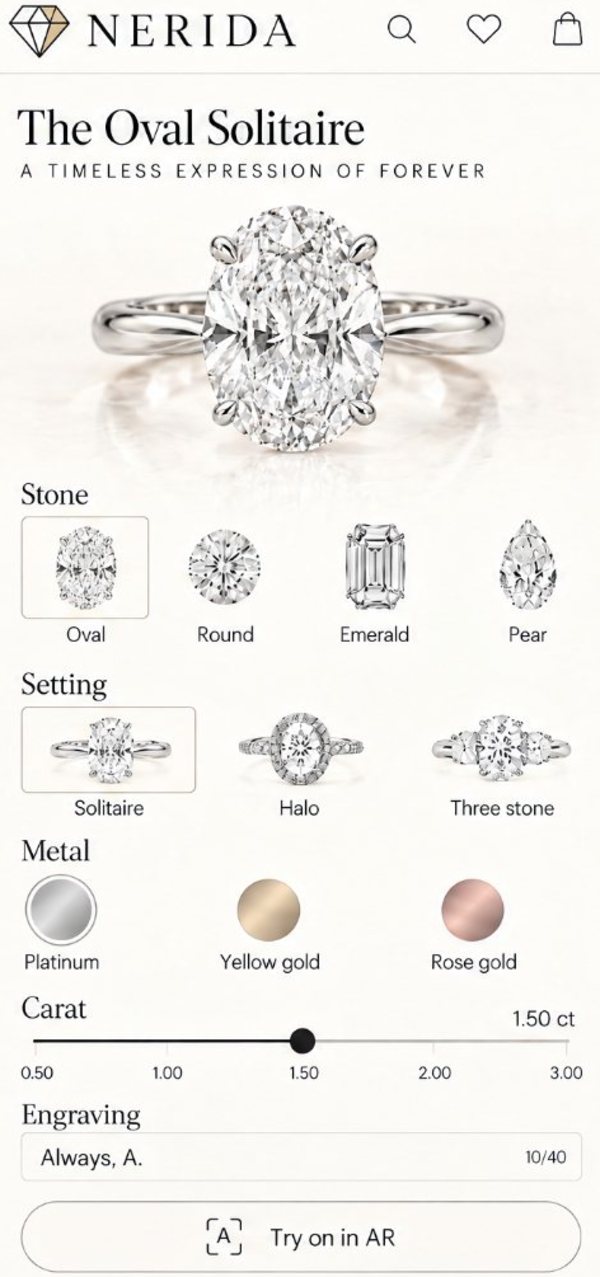 Nerida’s configurator on a phone: the oval solitaire, with the stone, setting, metal, carat and engraving to choose and a button to try it on in AR
