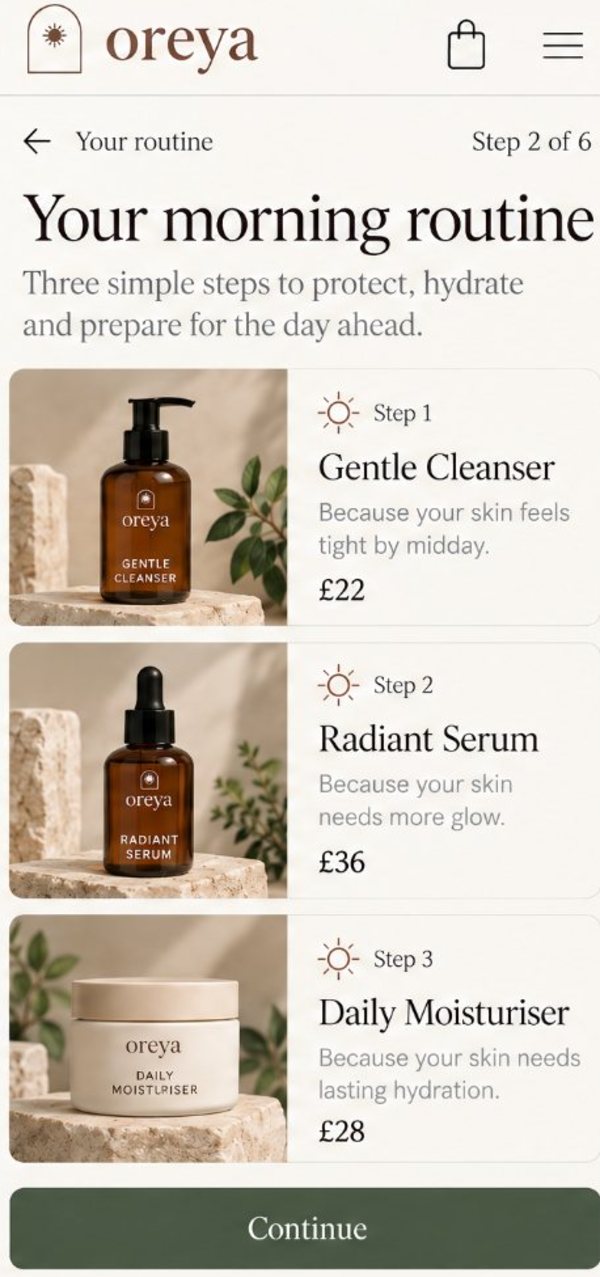 Oreya’s morning routine on a phone: three steps, each with the reason it suits the customer’s skin