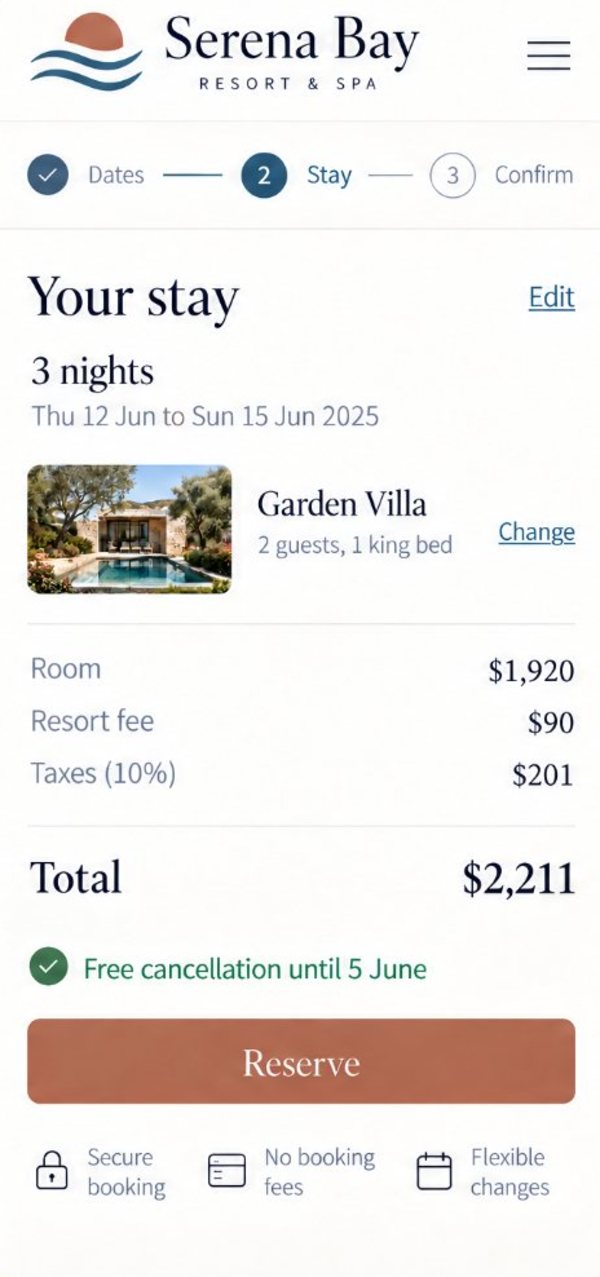 Serena Bay’s stay summary on a phone: the villa and dates, the room rate, resort fee and taxes shown before the total, free cancellation and the button to reserve