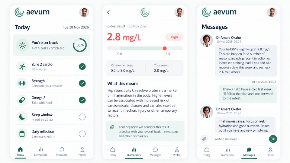 Aevum’s app on three phone screens: today’s protocol, the flagged marker explained in plain English, and messages with the physician
