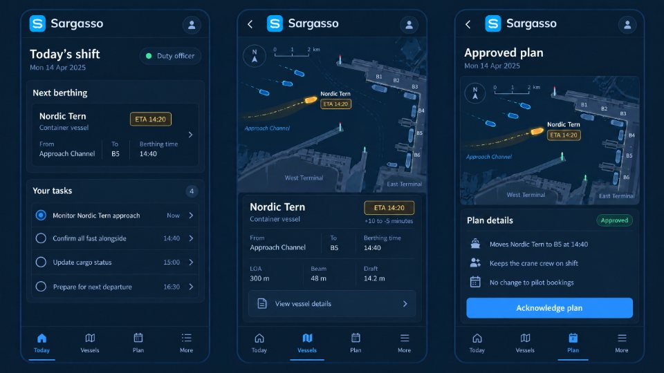 Sargasso’s crew app on three phone screens: today’s shift with the next berthing and tasks, Nordic Tern’s predicted arrival on the map, and the approved plan with a button to acknowledge it