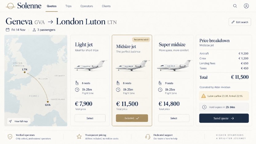 Solenne’s quote screen for Geneva to London Luton: three aircraft priced side by side, the price broken down into aircraft, crew, landing fees and taxes, a curfew warning and the time left on the hold
