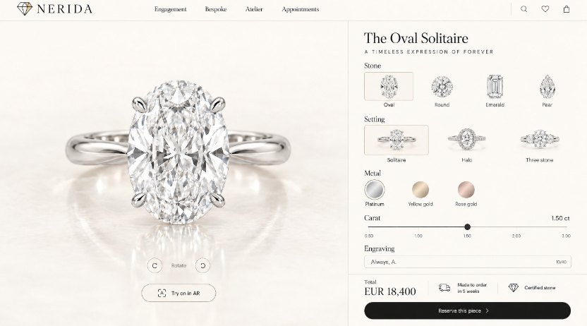 Nerida’s made-to-order configurator: an oval solitaire shown large, with the stone, setting, metal, carat and engraving chosen beside it, the total, the lead time and a button to try it on in AR