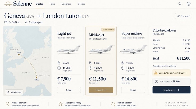 Solenne’s quote screen for Geneva to London Luton: three aircraft priced side by side, the price broken down into aircraft, crew, landing fees and taxes, a curfew warning and the time left on the hold